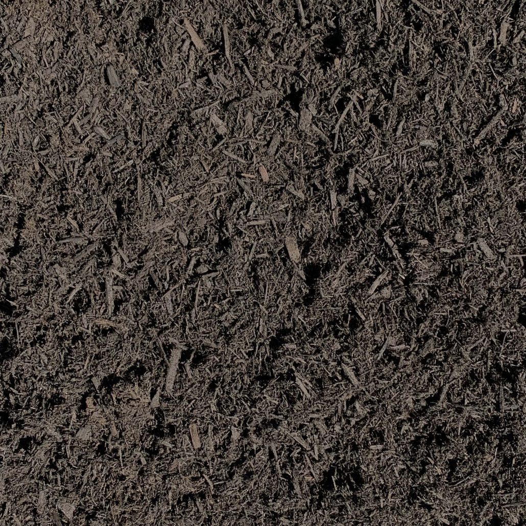 Close-up image of dark brown hardwood mulch spread evenly over a garden bed.